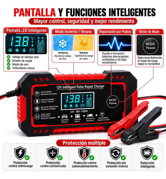 Cargador Inteligente de Baterías 12V para Carro y Moto con Reparación por Pulsos