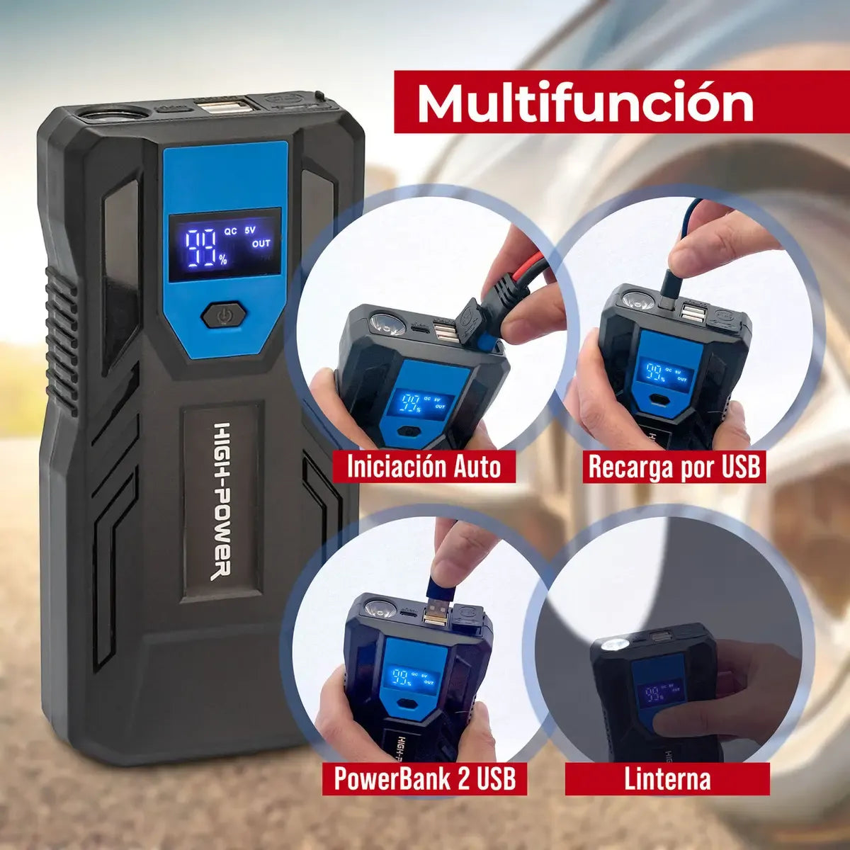 Arrancador de Batería Portátil 4 en 1 | Enciende tu Carro en Segundos + Power Bank + Linterna LED