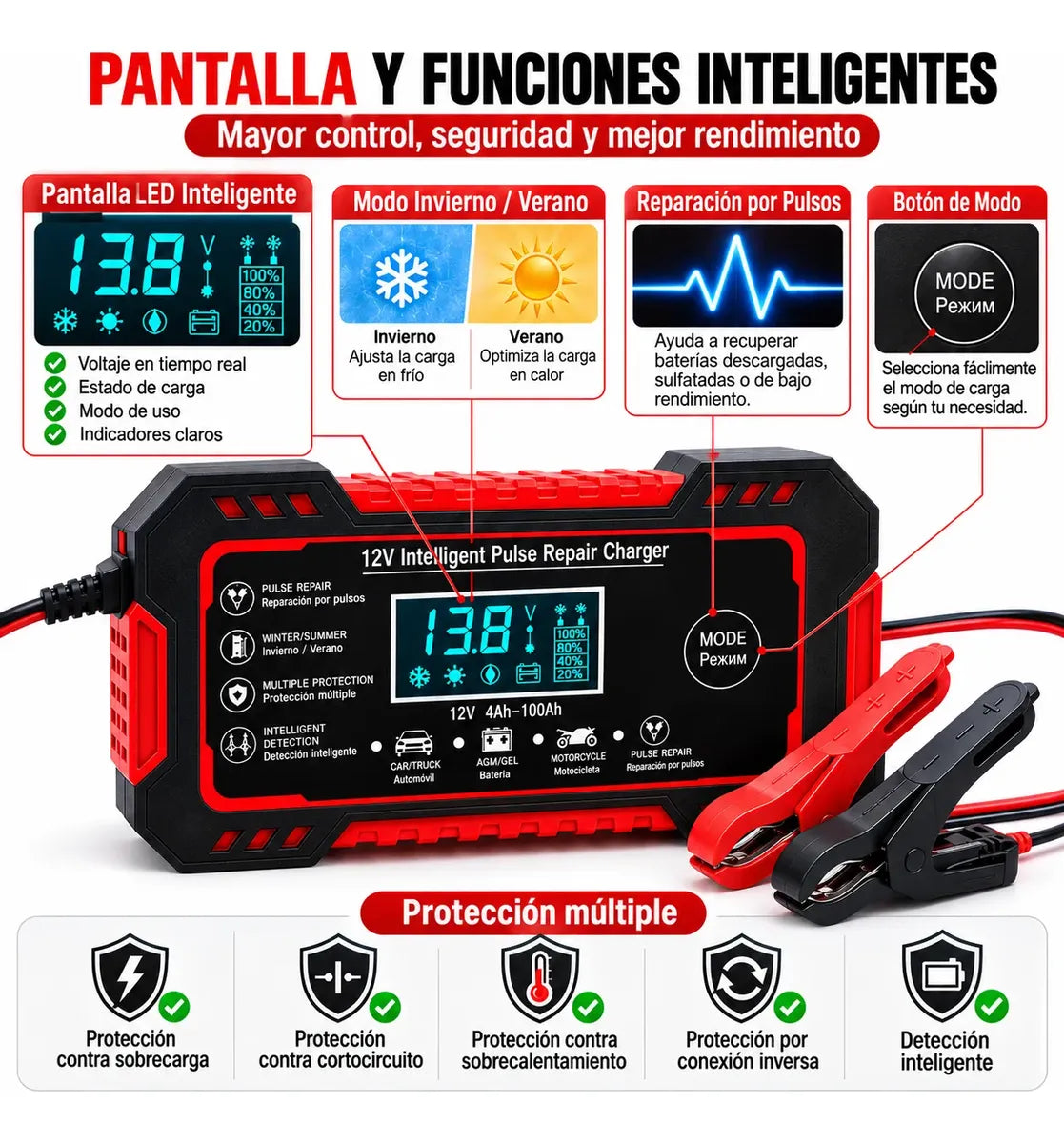 Cargador Inteligente de Baterías 12V para Carro y Moto con Reparación por Pulsos