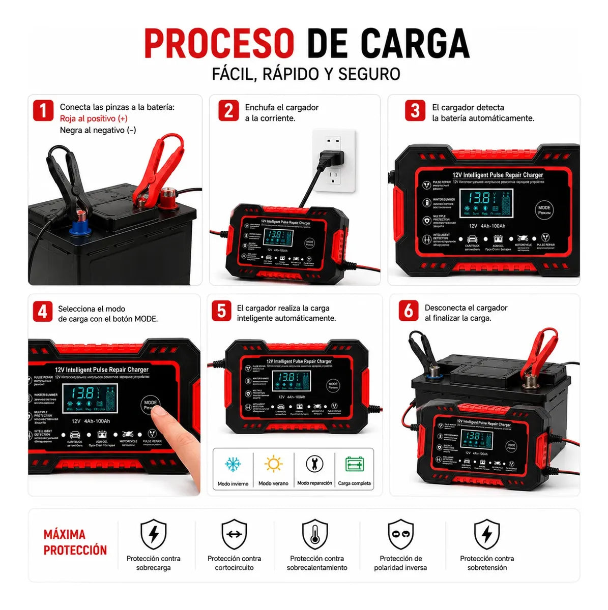 Cargador Inteligente de Baterías 12V para Carro y Moto con Reparación por Pulsos