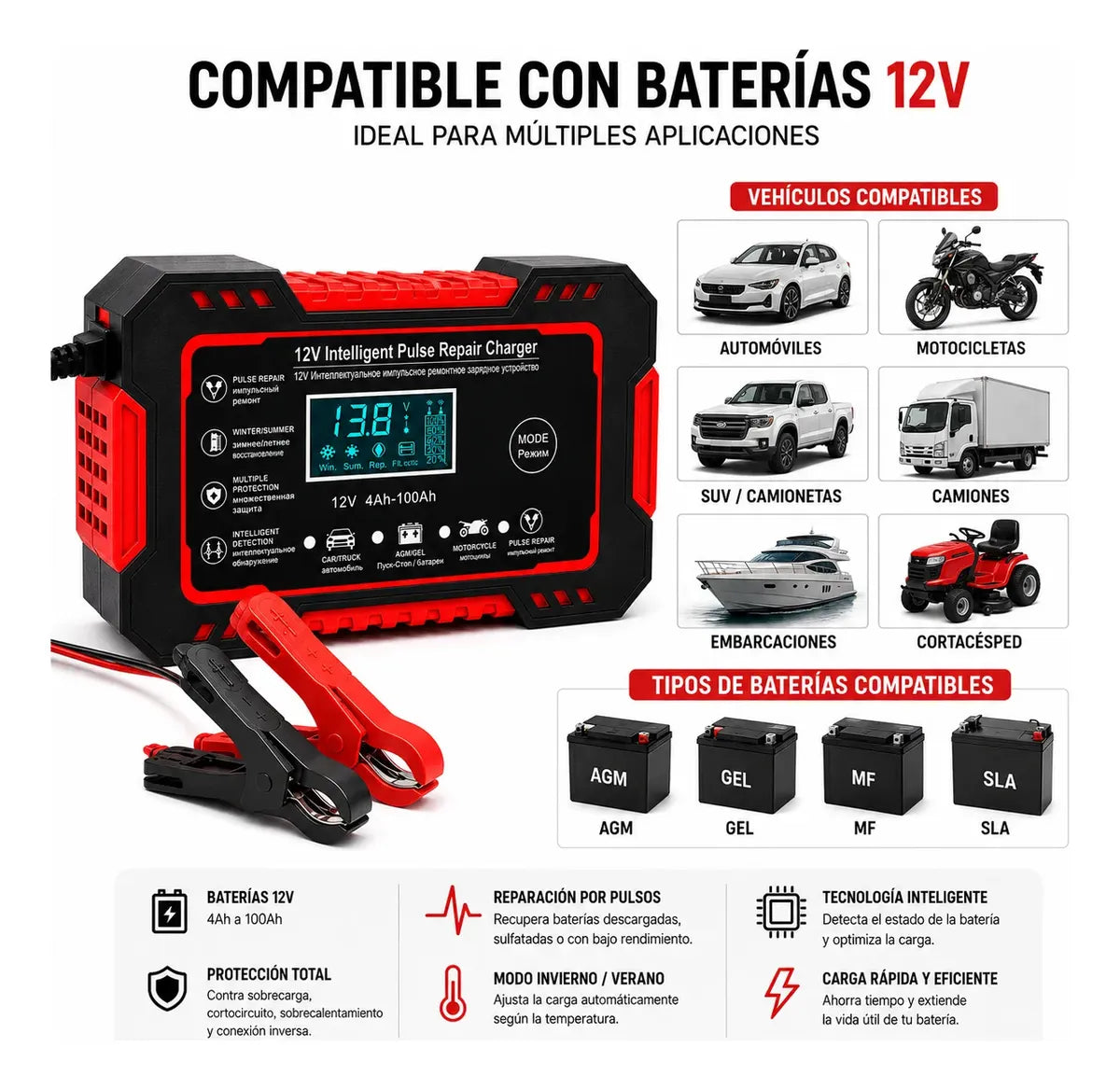 Cargador Inteligente de Baterías 12V para Carro y Moto con Reparación por Pulsos