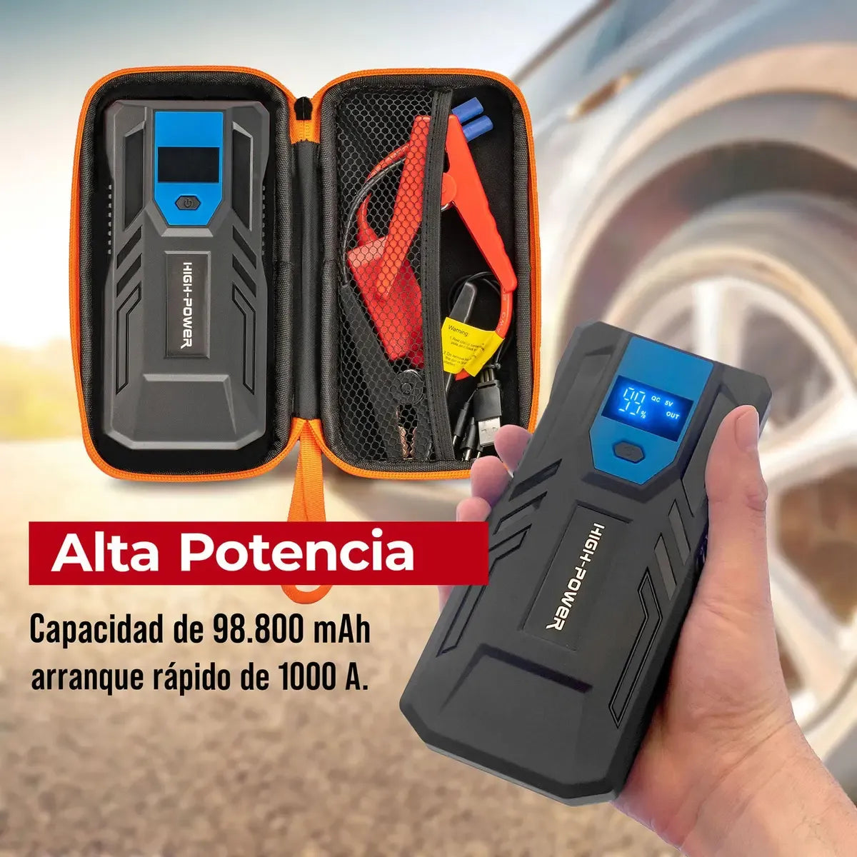 Arrancador de Batería Portátil 4 en 1 | Enciende tu Carro en Segundos + Power Bank + Linterna LED